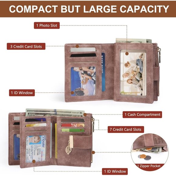 Pink Leather Women's RFID-Blocking Trifold Wallet Compact & Stylish - Picture 2 of 6